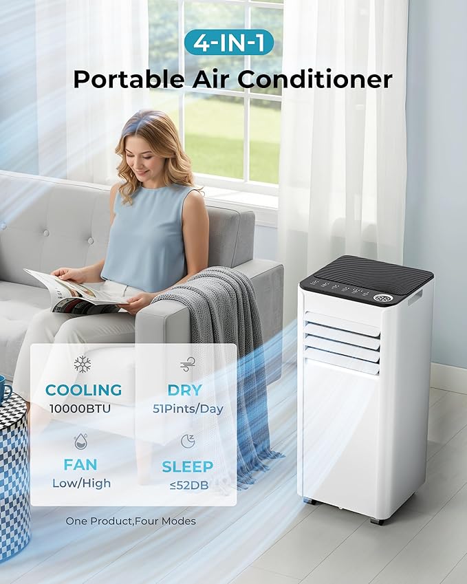 EUHOMY 10,000 BTU Portable Air Conditioners Unit Up to 450 Sq.Ft, 3-in-1 Portable Air Conditioner, Portable AC Unit with Cool, Fan, Dehumidifier, Sleep Mode, 24H Timer, RVs, Office, Apartments, White-DeskLoop Office