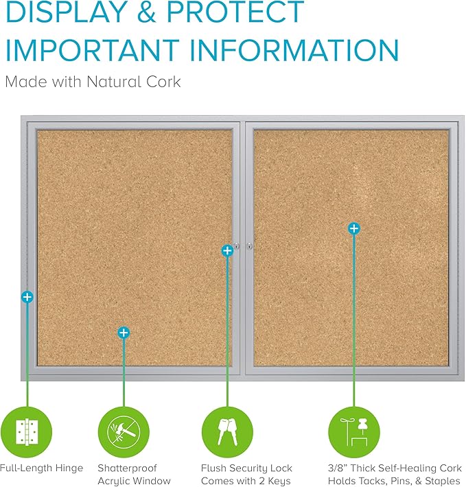 Ghent 36"x60" 2-Door indoor Enclosed Bulletin Board , Shatter Resistant, with Lock, Satin Aluminum Frame - Natural Cork (PA23660K) Made in the USA-DeskLoop Office