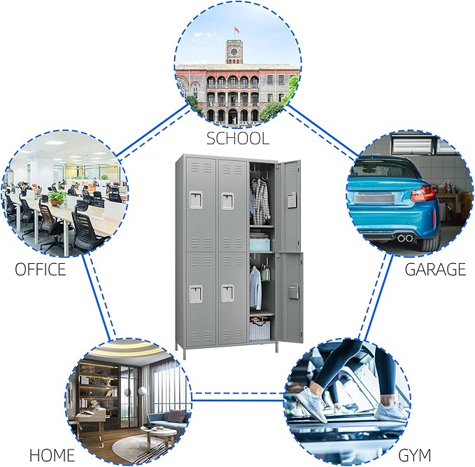 6 Doors Metal Lockers for Employees with Lock,Metal Storage Locker for Employees with 18 Hooks for School,Office, Gym,Home,Assembly Required,6 Doors Light Grey-DeskLoop Office