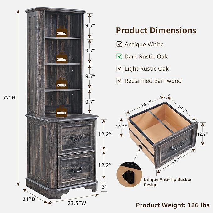 T4TREAM 6-Tier Bookcase with 2 File Drawers, 72" Tall Farmhouse Bookshelf with Storage & Adjustable Shelves, Wooden Floor Standing Display Book Shelf Organizer for Home Office, Dark Rustic Oak-DeskLoop Office