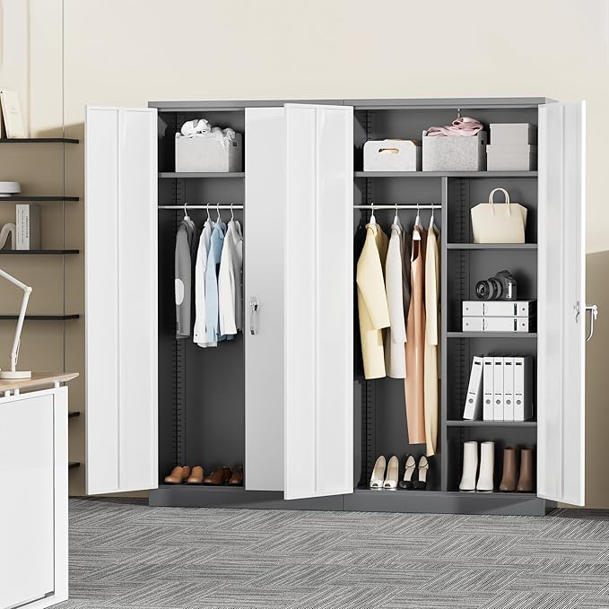 Greenvelly Metal Storage Cabinet with 2 Doors, 72” Steel Storage Wardrobe Cabinet, Employees Locker Closet Clothing Coat Steel Wardrobe Cabinet with Hanging Rod for Garage, Home Office (Grey White)-DeskLoop Office