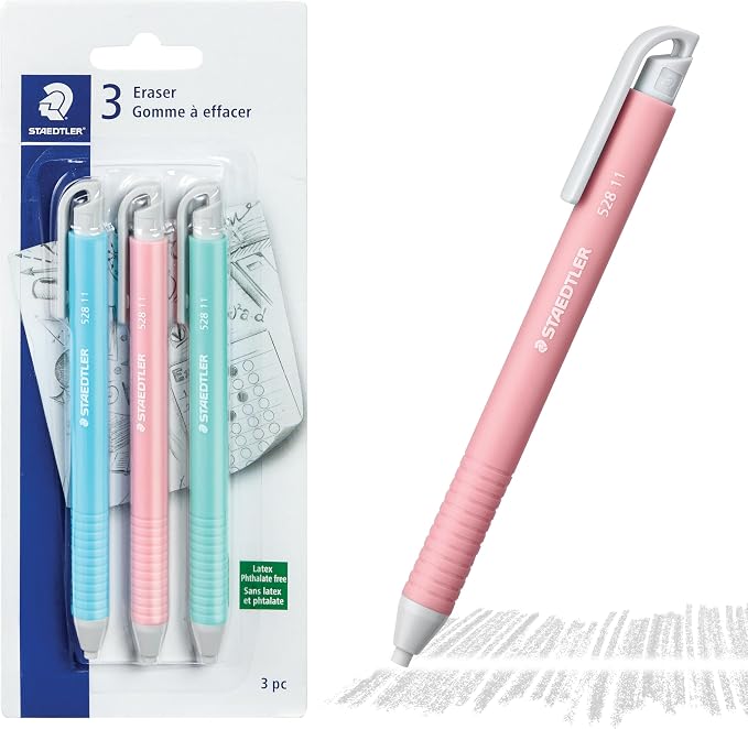 STAEDTLER Vinyl Eraser Holder 3-Pack, Retractable Precision Erasers by Staedtler