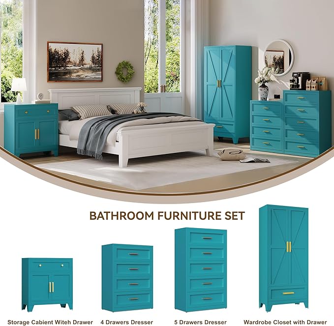 Farmhouse Wardrobe Cabinet with 2 Drawers,Metal Wardrobe Closet with Hanging Rod,Metal Armoire with Adjustable Shelves for Bedroom,Living Room, Cloak Room,Office (Blue)-DeskLoop Office