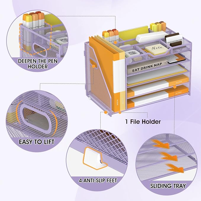 5 Tier Paper Letter Tray with File Holder and 3 Drop-in Pen Holders, Mesh Desk - Image 4