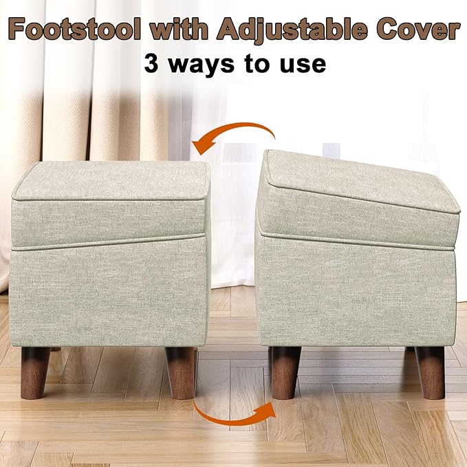 Foot Rest with Adjustable Cover, 18" Storage Ottoman Dorm, Footstool and Sitting Stool, Ottoman Foot Stools for Living Room, Bedroom, Dorm, Beige-DeskLoop Office