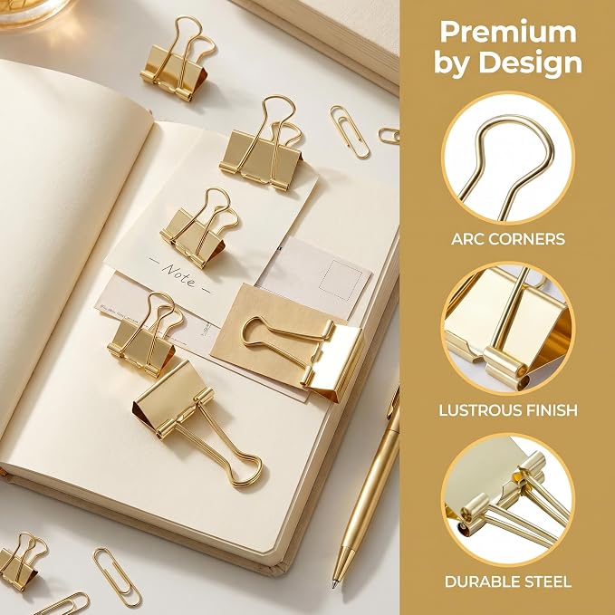 Gold Binder Clips, 100 Pack | Solid Metal, Stainless Steel Handle, Office - Image 4