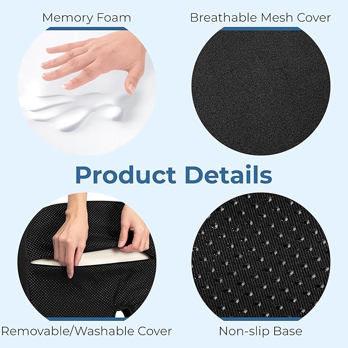 5 STARS UNITED Seat Cushion for Tailbone Pain Relief – Large Memory Foam Lifting Pillow for Coccyx, Hip, Sciatica & Post-Surgery Recovery – Wheelchair, Car, Desk, Gaming & Office Chairs, Black-DeskLoop Office