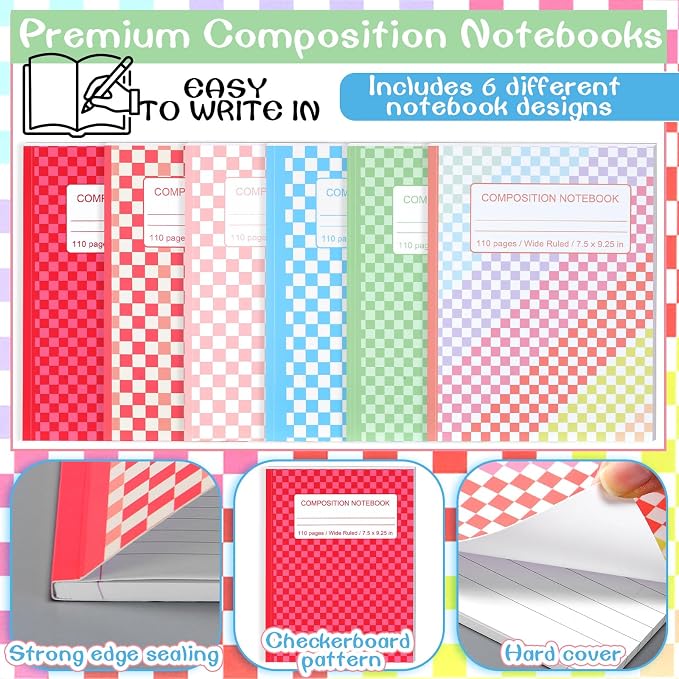 Fullhawl 6 Pcs Composition Notebook Wide Ruled Cute Preppy Colorful Checkered - Image 3