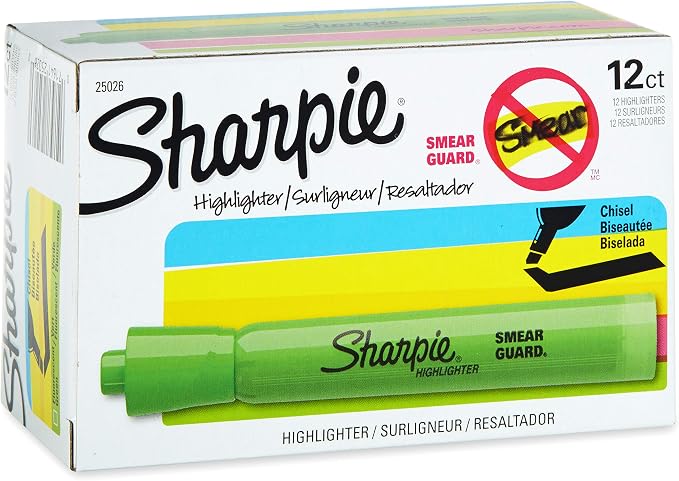 SHARPIE Tank Style Highlighters, Chisel Tip, Fluorescent Green, Box of 12 by Sharpie