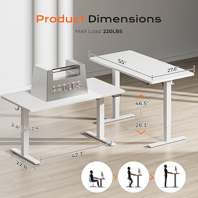 Huuger 55 x 28 Large Electric Standing Desk, Height Adjustable Copmuter Desk, 27.6" Deep Desktop, Stand up Gaming Office Table with 2 Hooks, 3 Preset Heights, for Home Office, White-DeskLoop Office