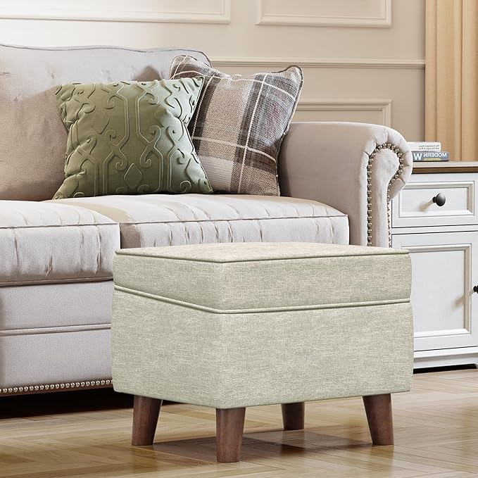 Foot Rest with Adjustable Cover, 18" Storage Ottoman Dorm, Footstool and Sitting Stool, Ottoman Foot Stools for Living Room, Bedroom, Dorm, Beige-DeskLoop Office
