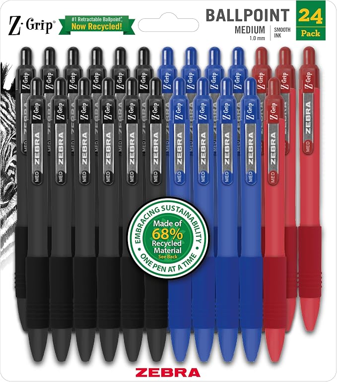 Zebra Pen Z-Grip Recycled Retractable Ballpoint Pens, Durable Metal Clip by ZebraPen