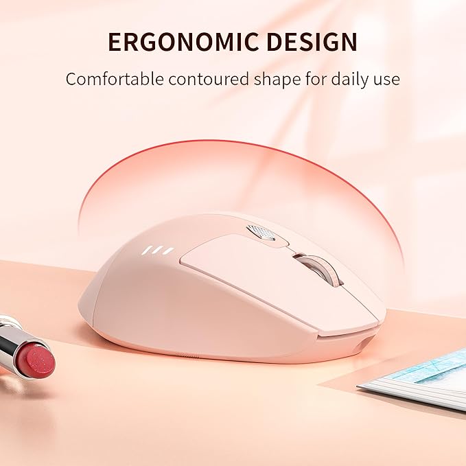 TENMOS M7 Bluetooth Mouse, Rechargeable Dual Mode BT5.1+ 2.4GHz USB Silent Wireless Bluetooth Mouse with Type C Adapter & Battery Indicator, Ergonomic Design for Laptop, iPad, MacBook - Light Pink-DeskLoop Office