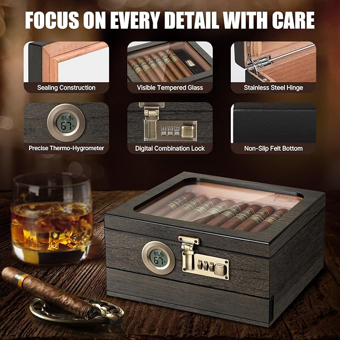 Tesonway Cigar Humidor, Cedar Wood Humidor Cigar Box, Glass Top Desktop Humidor - Image 7