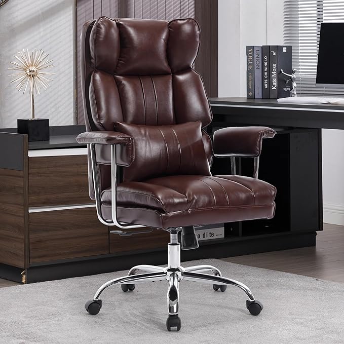 Big and Tall Office Chair 500lbs Wide Seat Executive Office Desk Chair High-Back Office Task Chair, Ergonomic Lumbar Support Computer Office Chairs for Heavy People(Brown)-DeskLoop Office