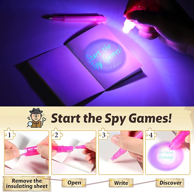 GIFTINBOX Invisible Ink Pens with UV light for Kids, Spy Pen Party Favors for Kids 8-12, 24Pack Invisible Ink Pen and Notebook, Magic Marker for Secret Message Birthday Party Favors for Kid 4-8-DeskLoop Office