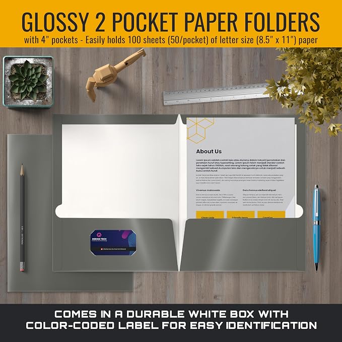 Better Office Products 2 Pocket Glossy Laminated Gray Paper Folders, Box of 25 - Image 4