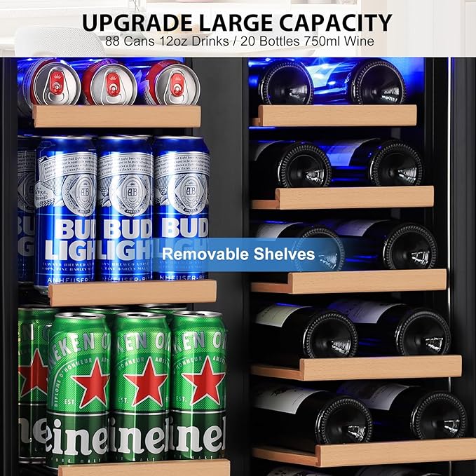 24" Dual Zone Wine & Beverage Refrigerator – Under Counter Cooler with Upgraded Cooling & Blue LED Light, Hold 20 Bottles and 88 Cans Large Capacity Wine Fridge, Built-In or Freestanding – Black-DeskLoop Office