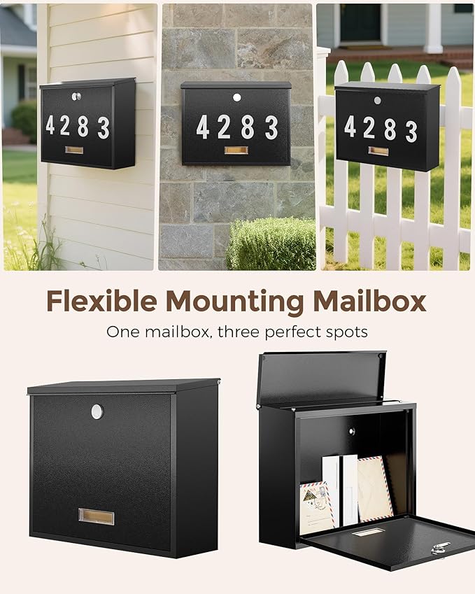 LAND·VOI Locking Wall-Mount Mailbox for Outside, with 4 Keys, Galvanized Steel Rustproof Metal Postbox, 4" Dx13.8 Wx11.2 H, Includes 3 Sets of Mailbox Numbers, Nameplate, Black, AMB33B-DeskLoop Office