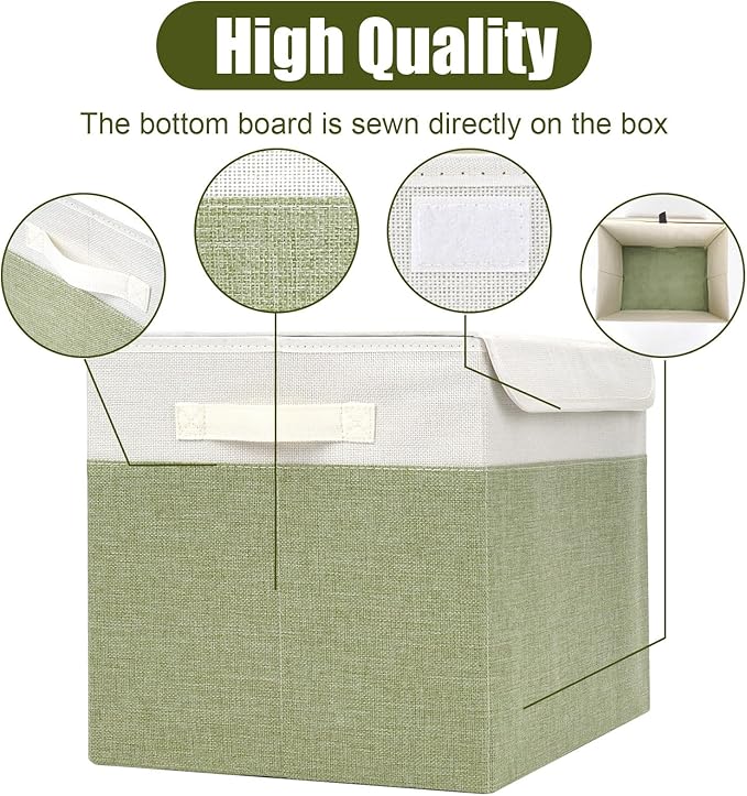 Large 17" 42 Quarts Collapsible Stackable Storage Bins with Lids [3-Pack] Foldable Fabric Linen Storage Boxes Cube, Closet Organizer Baskets with Label for Home (16.7 x 12 x 12", Green & White)-DeskLoop Office