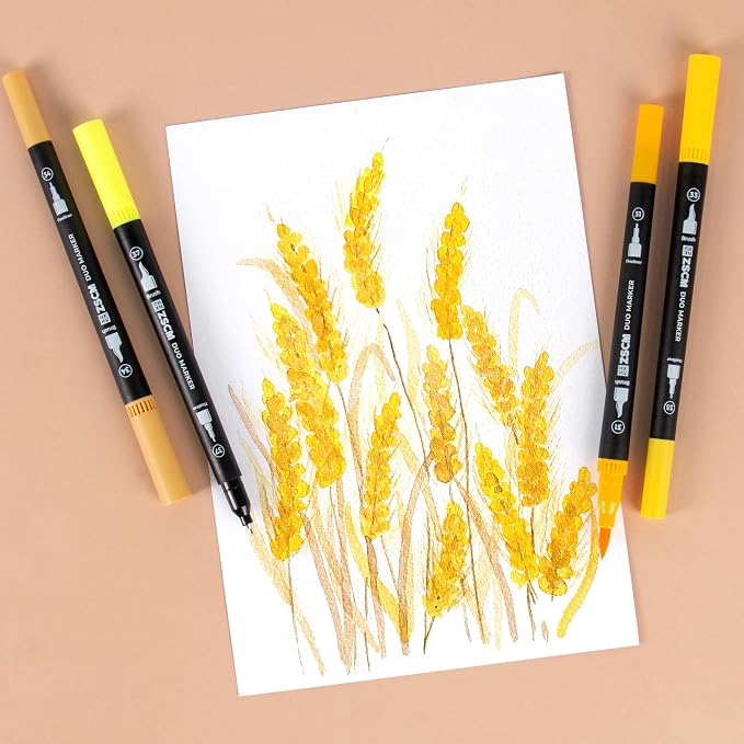 ZSCM Yellow Duo Tip Marker Pens, 12 Pack Fine & Brush Markers - Image 4