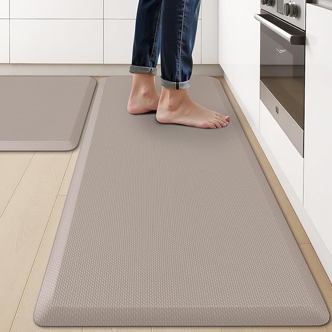 KitchenClouds 2PCS Kitchen Rugs Cushioned Anti-Fatigue Non-Slip Waterproof Kitchen Mat Comfort Foam Standing Mat for Floor Office Sink Laundry (Khaki)-DeskLoop Office