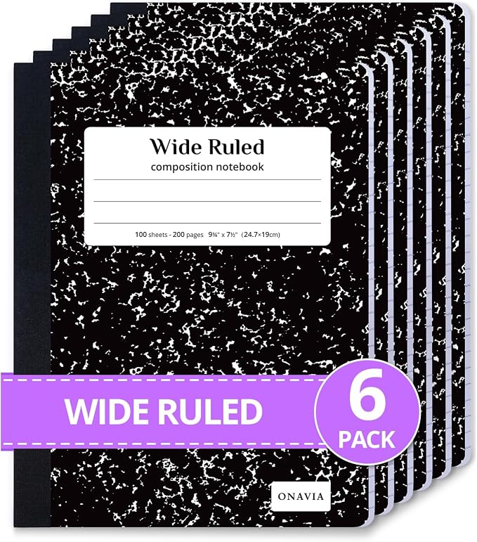ONAVIA Composition Notebook Wide Ruled 6 Pack, 200 Pages, 9-3/4 x 7-1/2 by ONAVIA