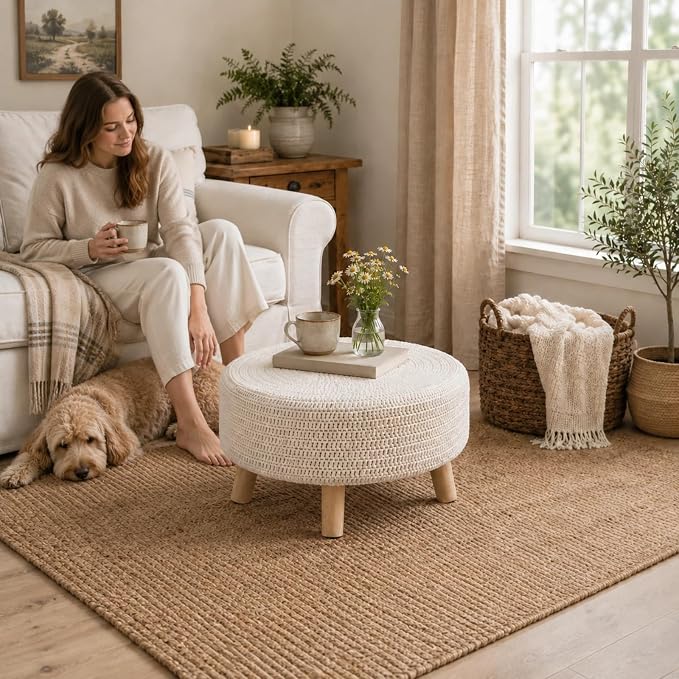 Wimarsbon Pouf Ottoman, 100% Cotton Knitted Boho Footstool, Round Footrest - Image 2