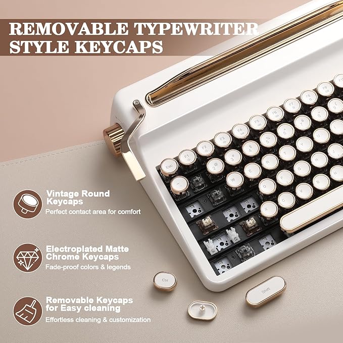 YUNZII QL75 Wireless Typewriter Hot Swap Retro Mechanical Keyboard,Punk Round Keycaps,RGB Backlit QMK/VIA Programmable, Multi-Device Keyboard with 2.4GHz/Type-C/BT5.0 (White, Cocoa Cream V2 Switch)-DeskLoop Office