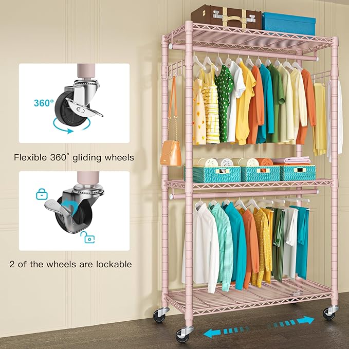 P1 Heavy Duty Garment Rack, 3 Tiers Adjustable Rolling Metal Closet Organizer with Lockable Wheels, FreeStanding Wardrobe with Double Hanger Rods & 1 Pair Hooks, Max Load 450 LBS, Pink-DeskLoop Office