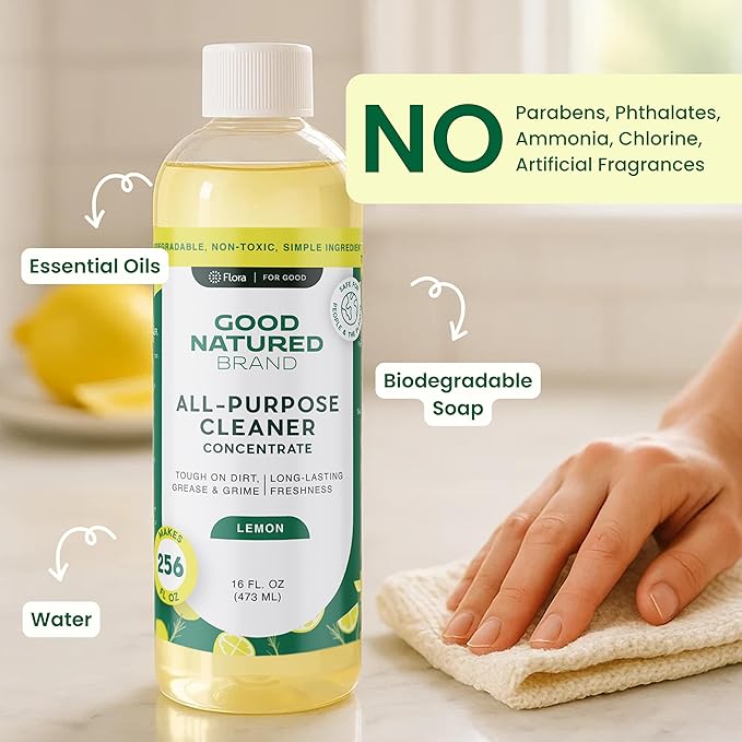 Good Natured Brand All-Purpose Cleaner Concentrate | Multi-Surface Cleaner | Natural Lemon Essential Oil | Multipurpose Cleaner Concentrate All Surfaces | Lemon Love | 16oz makes 256oz-DeskLoop Office