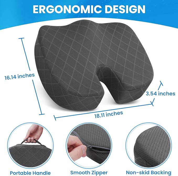 TushGuard Seat Cushion - Memory Foam Cushion for Office Chair, Car Seat, Airplane, Bleacher - Sciatica & Hip & Coccyx Pain Relief Cushions for Long Sitting Office Workers, Car Drivers (Grey, X-Large)-DeskLoop Office