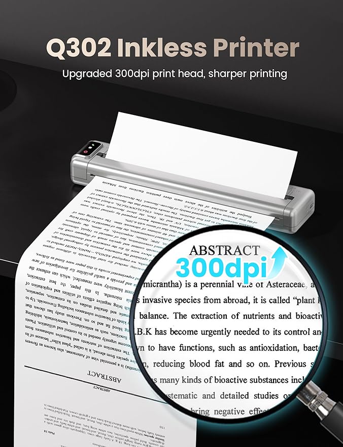 Phomemo Q302 Upgraded Portable Printers Wireless for Business, Ultra-Small Bluetooth Printer for Mobile Printing, 2400mAh Battery can Reverse Charging, 300dpi Inkless Printer Support 8.5X11 US Letter-DeskLoop Office