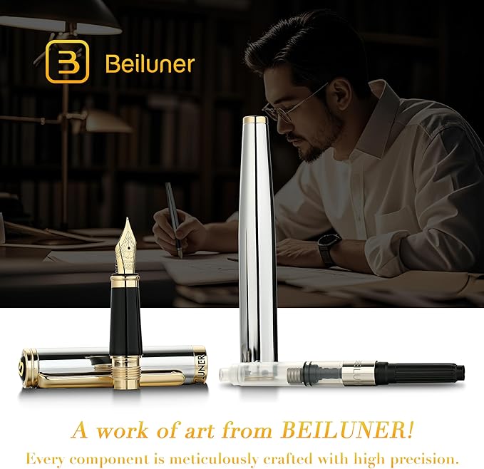 BEILUNER Silver Chrome Fountain Pen,Stunning Luxury Pens with 24K Gold Accents, Gorgeous 24K Gilded Nib(Fine), Ink Converter,Fancy Pen Gift for Men&Women-Elegant, Office, Reliable,Nice for Writing-DeskLoop Office