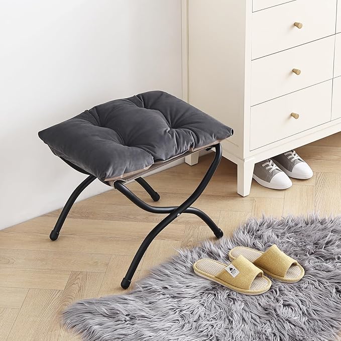 LITA Folding Upholstered Footrest Stool, Modern Small Portable Accent Ottoman with Detachable Thick Cotton Cushion Padded Sofa Stool with Metal Frame for Lazy Chair, Living Room & Bedroom, Smoky Grey-DeskLoop Office