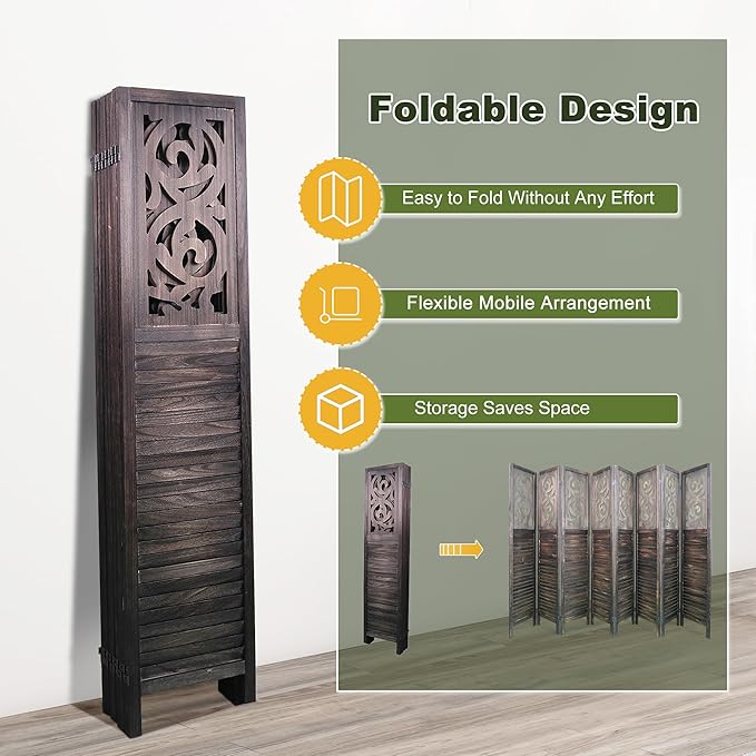 NicBex 8 Panel Room Divider,5.6FT Wood Carved Room Dividers,Folding Privacy Screens Portable Freestanding Partition Wall Dividers for Room Separation,Home Bedroom Office,Rustic Brown-DeskLoop Office