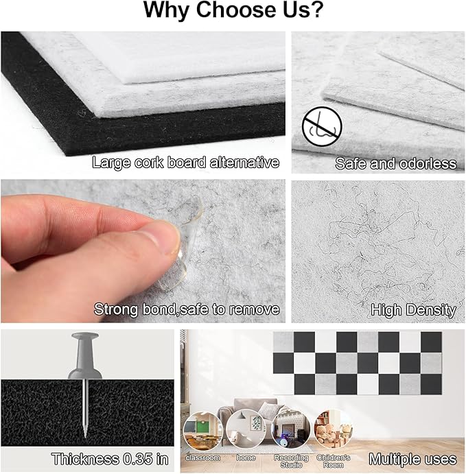 Large Cork Board for Walls 47" x 35" 12 Pack Black Bulletin Boards Felt Wall Tiles with Safe Removable Adhesive Corkboards for Office Home,Grey-DeskLoop Office
