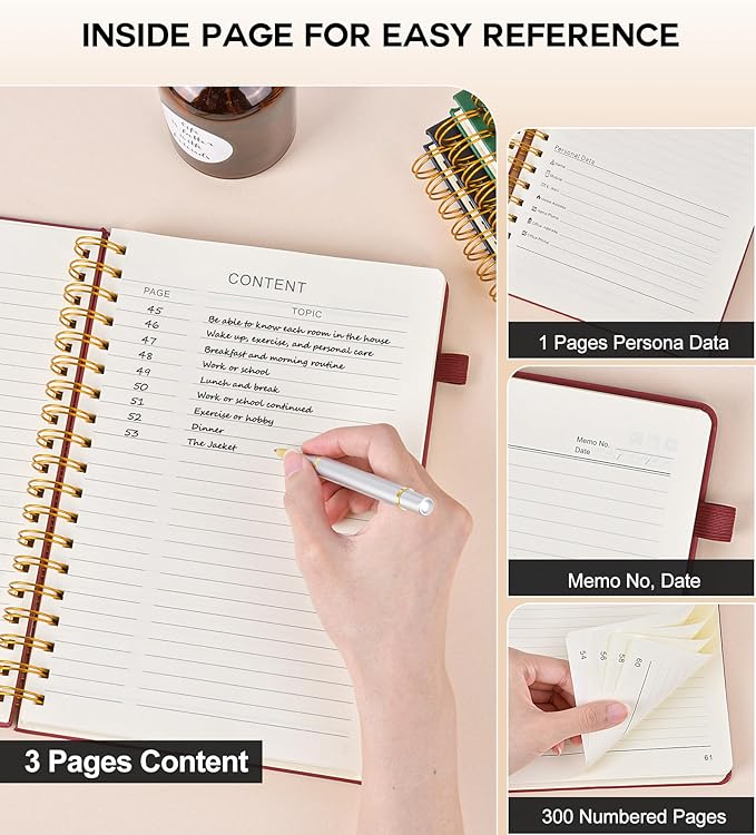 Large Spiral Notebook Journal for Women Men - 300 Numbered Lined Pages, College Ruled,B5 Hardcover Spiral Bound Notebook for School, Work, Note Taking, Writing, Leather Spiral Journal 7"x10"-DeskLoop Office