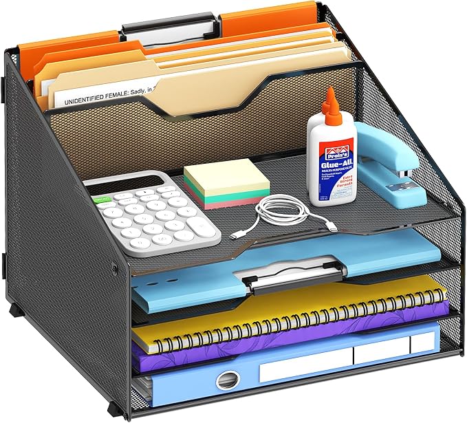 Desk File Organizer, 4 Letter Trays and 2 Upright Sections, school and by Unknown