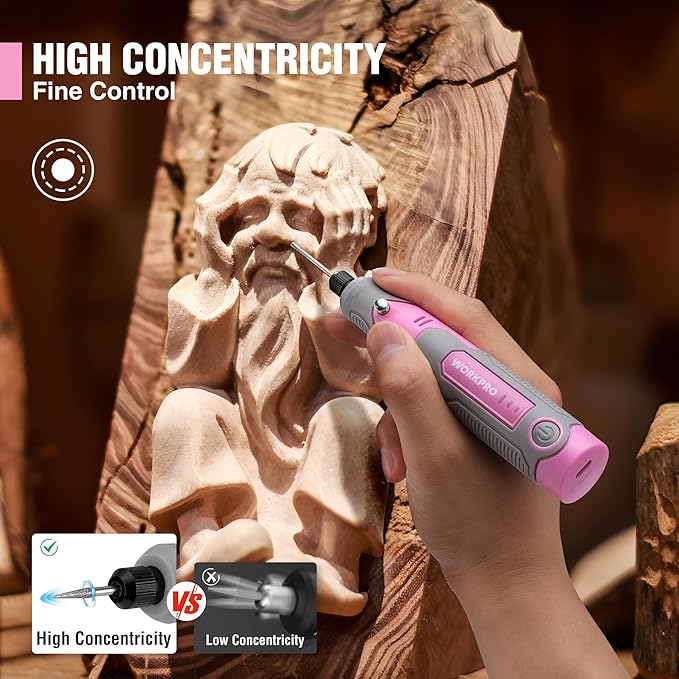 WORKPRO Cordless Rotary Tool Kit with 71pcs Accessories, 3 Variable Speeds, USB Rechargeable Mini Rotary Tool for Engraving, Sanding, Polishing, Carving, Cutting, DIY Crafts - Pink Ribbon-DeskLoop Office