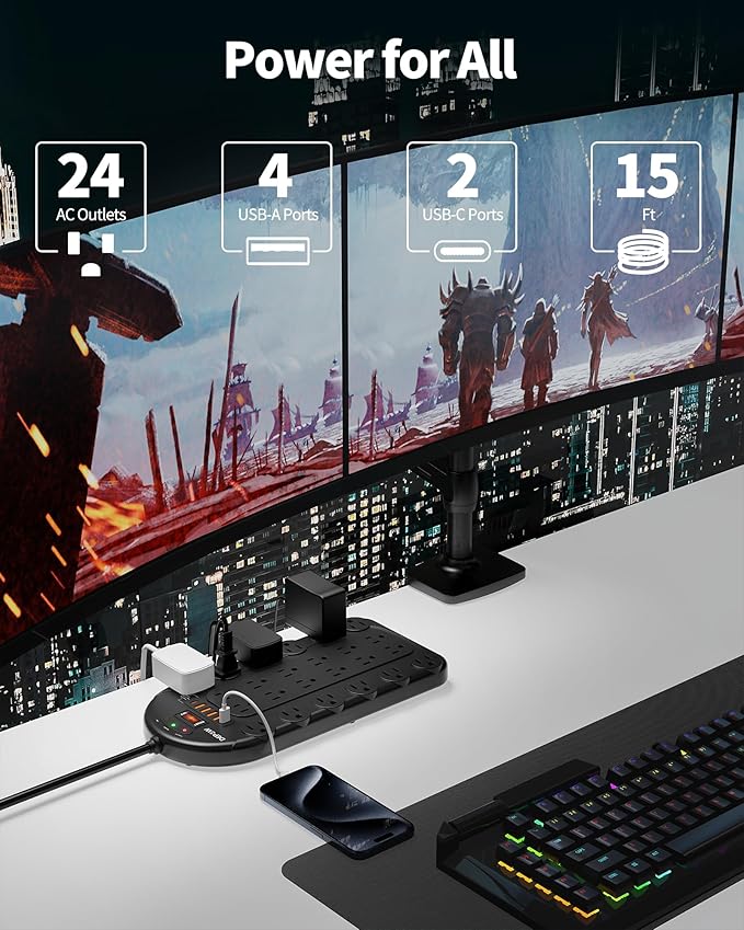 15Ft Power Strip Surge Protector (3,400 Joules), DEPOW 24 AC Multiple Outlets (1875W/15A) with 6 USBs (2 USB-C Ports), ETL Listed, Flat Plug Heavy Duty Long Extension Cord for Home, Office, Black-DeskLoop Office