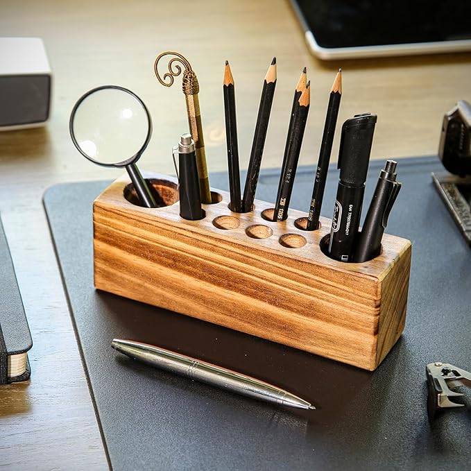 Solid Pine Wood Pen Holder for Desk – Fountain Pen Holder – Stylish Wooden Pencil Holder and Pen Desk Organizer-DeskLoop Office