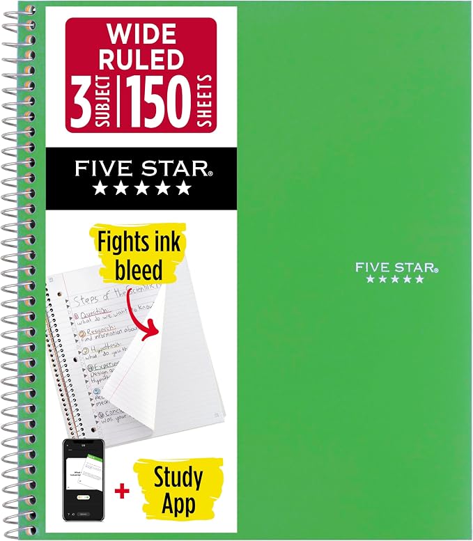 Five Star Spiral Notebook + Study App, 3 Subject, Wide Ruled Paper, 150 Sheets by FiveStar