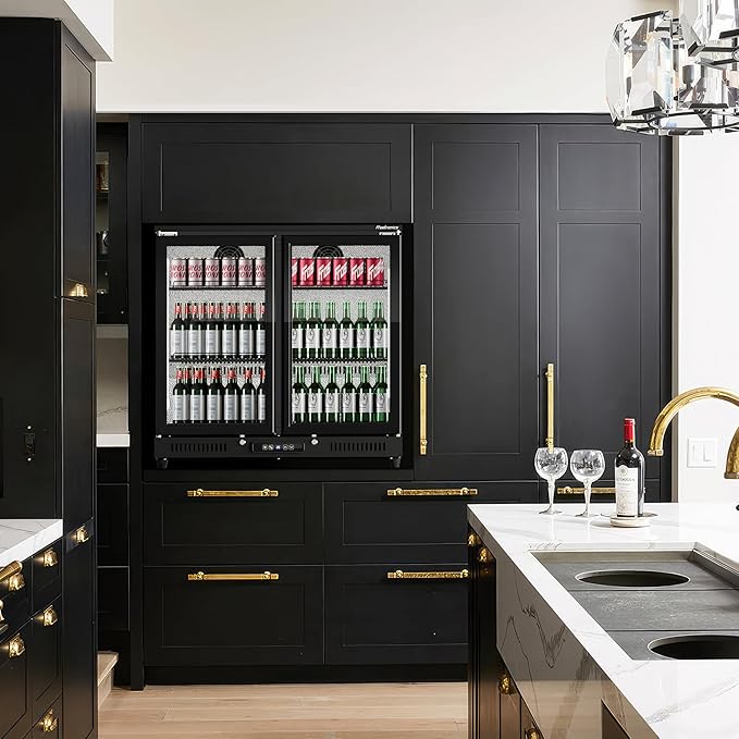 36 inch 206 cans Duo Hinged Door Back Bar Beverage Cooler, 6.75 cu. ft. Under Counter Glass Door Bar Fridge with hinged doors, lockable, 32-50°F Display Refrigerator, ETL Certified, Black-DeskLoop Office