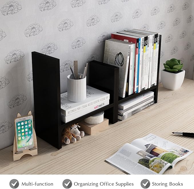 Jerry & Maggie Desktop Organizer Office Storage Rack Adjustable Wood Display Shelf Free Style Double H, Multi-Functional Mini Bookshelf for Desk Natural Stand (Black)