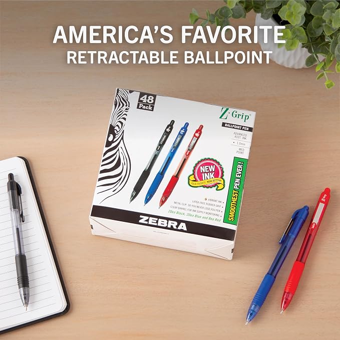 Zebra Pen Z-Grip Retractable Ballpoint Pen, Smooth-Flowing Black/Blue/Red Ink - Image 2