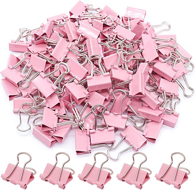Pink Binder Clips, Mini Paper Clip, Small Paper Clamps 15mm, 100 Pack Micro by YCVIORING