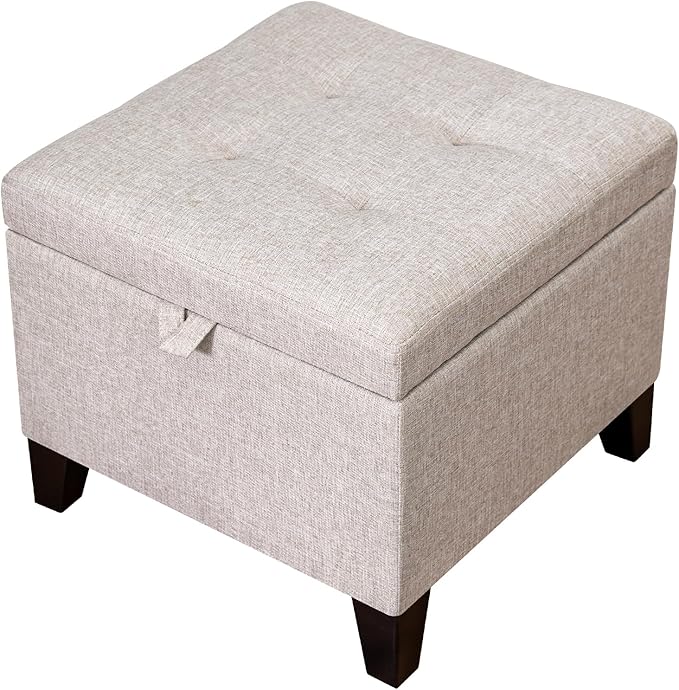 Adeco 18 Inch High Cube Ottoman Storage, Linen Chair Foot Stools, Upholstered Vanity Stool with Hinged Lid, Solid Wood Legs (Beige Grey)-DeskLoop Office