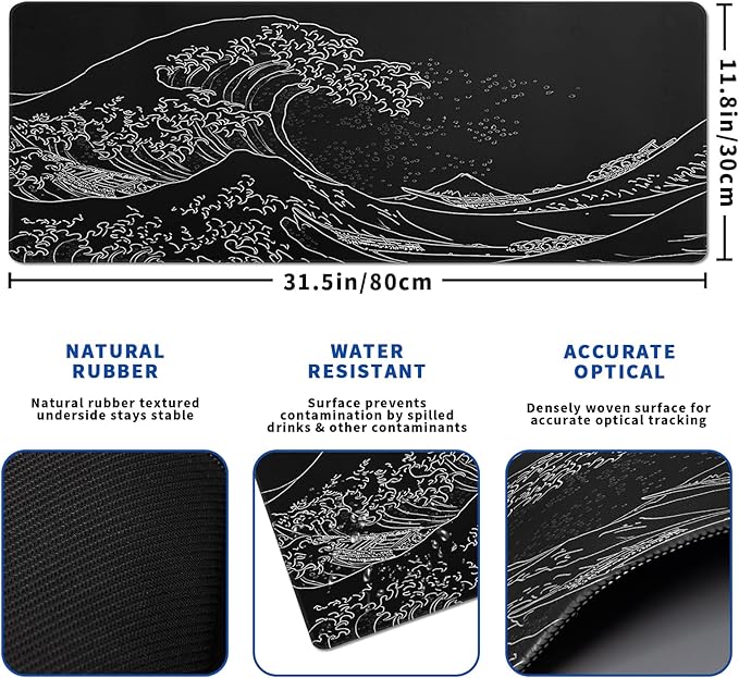 Japanese Gaming Mouse Pad Abstract Black Mouse Pad 31.5x11.8 Inch Black Sea - Image 2