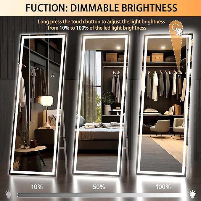 Hasipu Full Length Mirror with Lights, 65" x 20" LED Floor Mirror, Full Body Dressing Standing, Hanging Mounted Mirror for Living Room Bedroom Cloakroom, Square White-DeskLoop Office